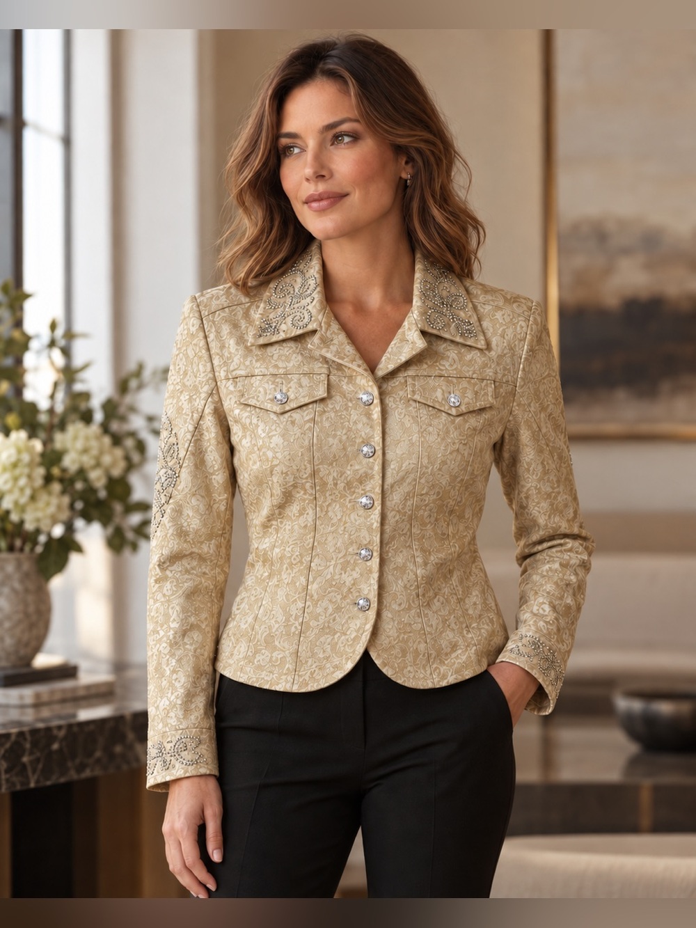 Christine Alexander Gold Damask Jacket  Embellished Swarovski Crystals Pearls Sm
